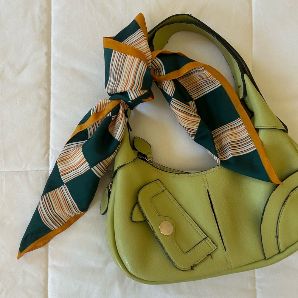 Checkerboard Square Accent Neck Scarf w Green, Orange & Gold Stripe Pattern